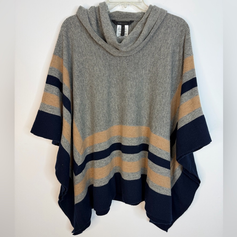 BCBGMaxAzria Wyona Poncho Sweater Grey Navy Tan Stripe‎ 100% Lambswool One Size - Picture 2 of 7
